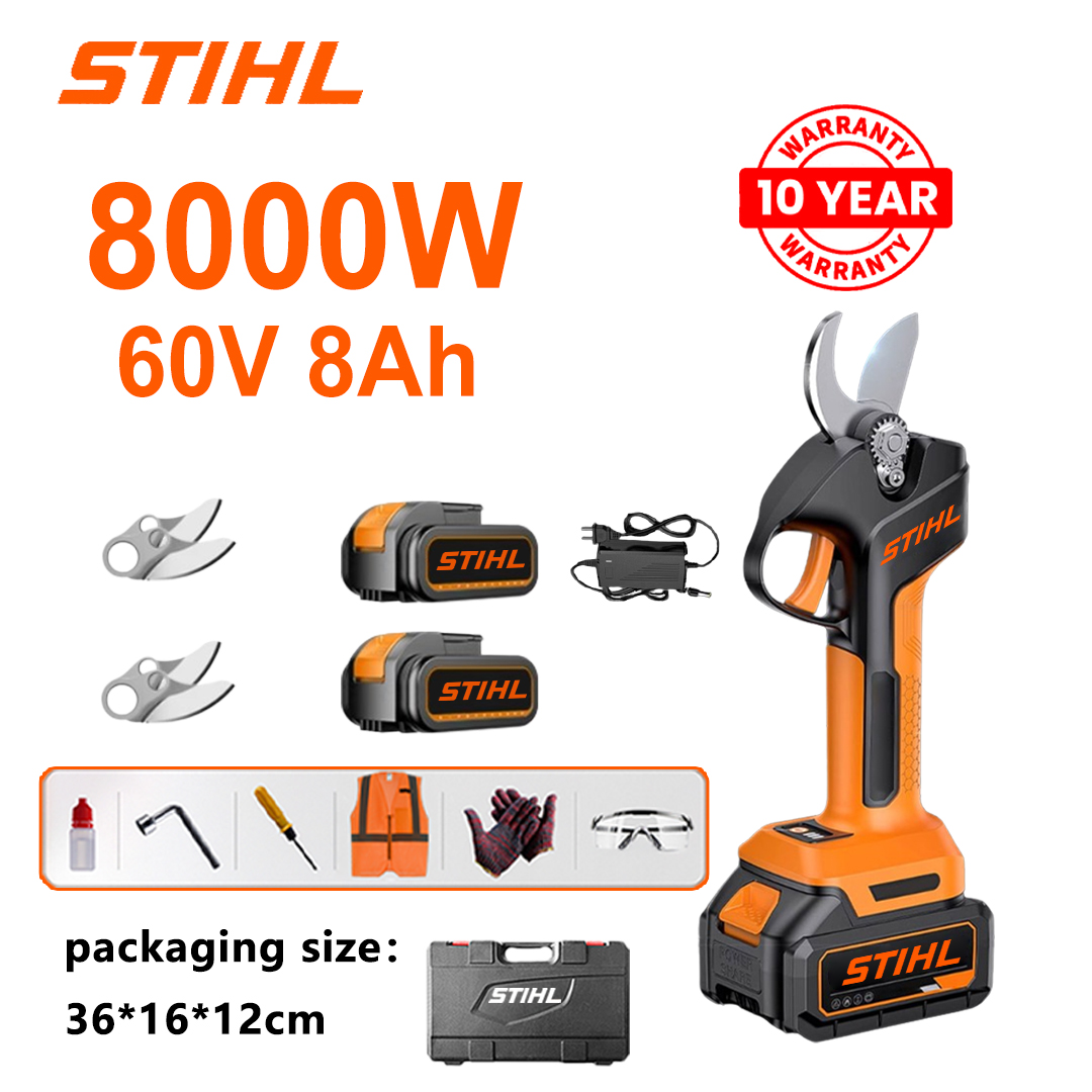 Model de bază (12 ore de viață a bateriei + motor fără perii de 8000 W, foarfece de tăiat baterie cu litiu + baterie 60 V 8,0 Ah * 2 + încărcător + lamă din aliaj SK9 * 2 + cutie de scule + ulei lubrifiant + ochelari de protecție, garanție 10 ani)