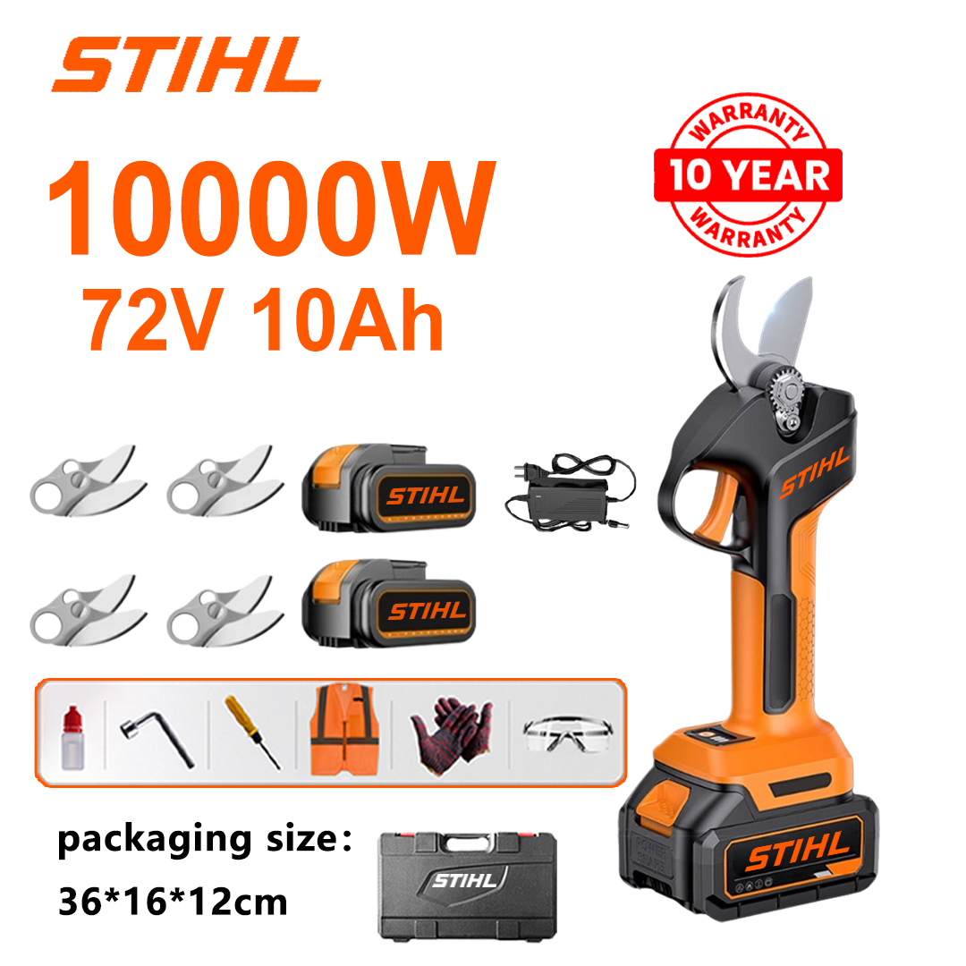 Model de bază (autonomie baterie 24 ore + motor fără perii de 10000 W, baterie cu litiu pentru foarfece de tăiat + baterie 72V 10.0Ah * 2 + încărcător + lamă din aliaj SK9 * 4 + cutie de scule + ulei lubrifiant + ochelari de protecție, garanție 10 ani)