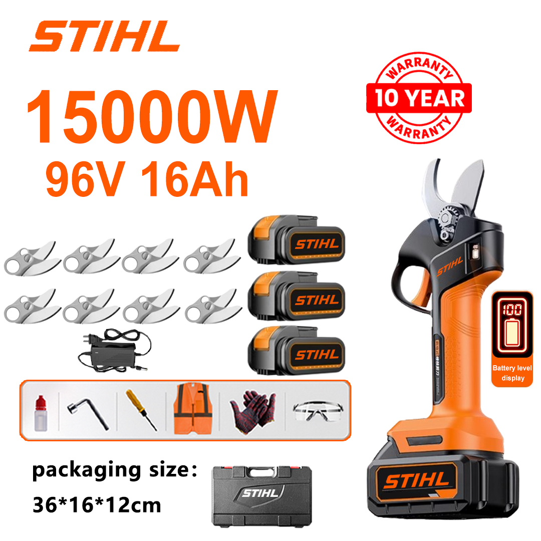 Versiune Deluxe (48 de ore de viață a bateriei + afișaj de putere + motor fără perii de 15000 W, baterie cu litiu, foarfece de tăiere + baterii 96 V 16,0 Ah * 3 + încărcător rapid + lame din aliaj SK9 * 8 + cutie de scule + ulei lubrifiant + ochelari de protecție, 10 ani garanție)